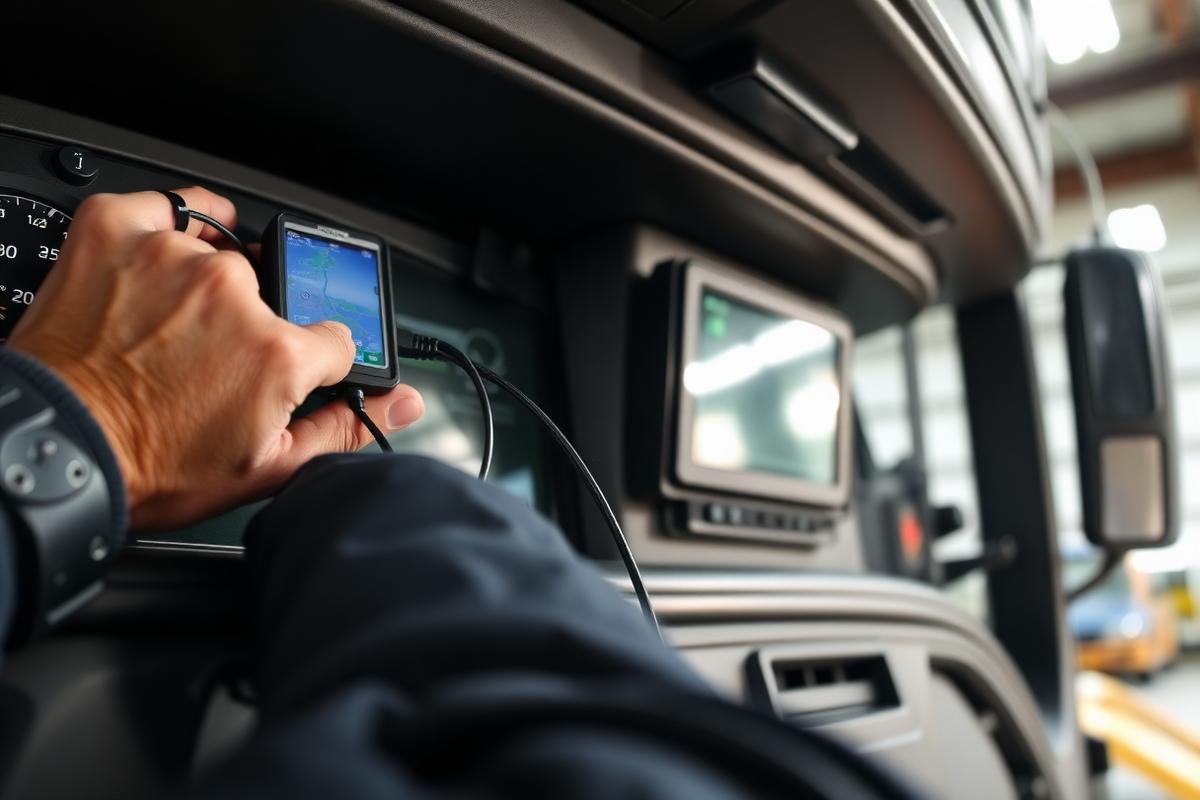 Técnico a instalar equipamento GPS num camião